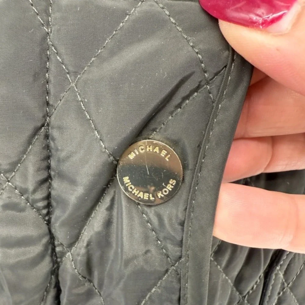MICHAEL KORS Quilted Puffer Jacket Zip Hoodie Olive Green Pre-Owned Womens Small
